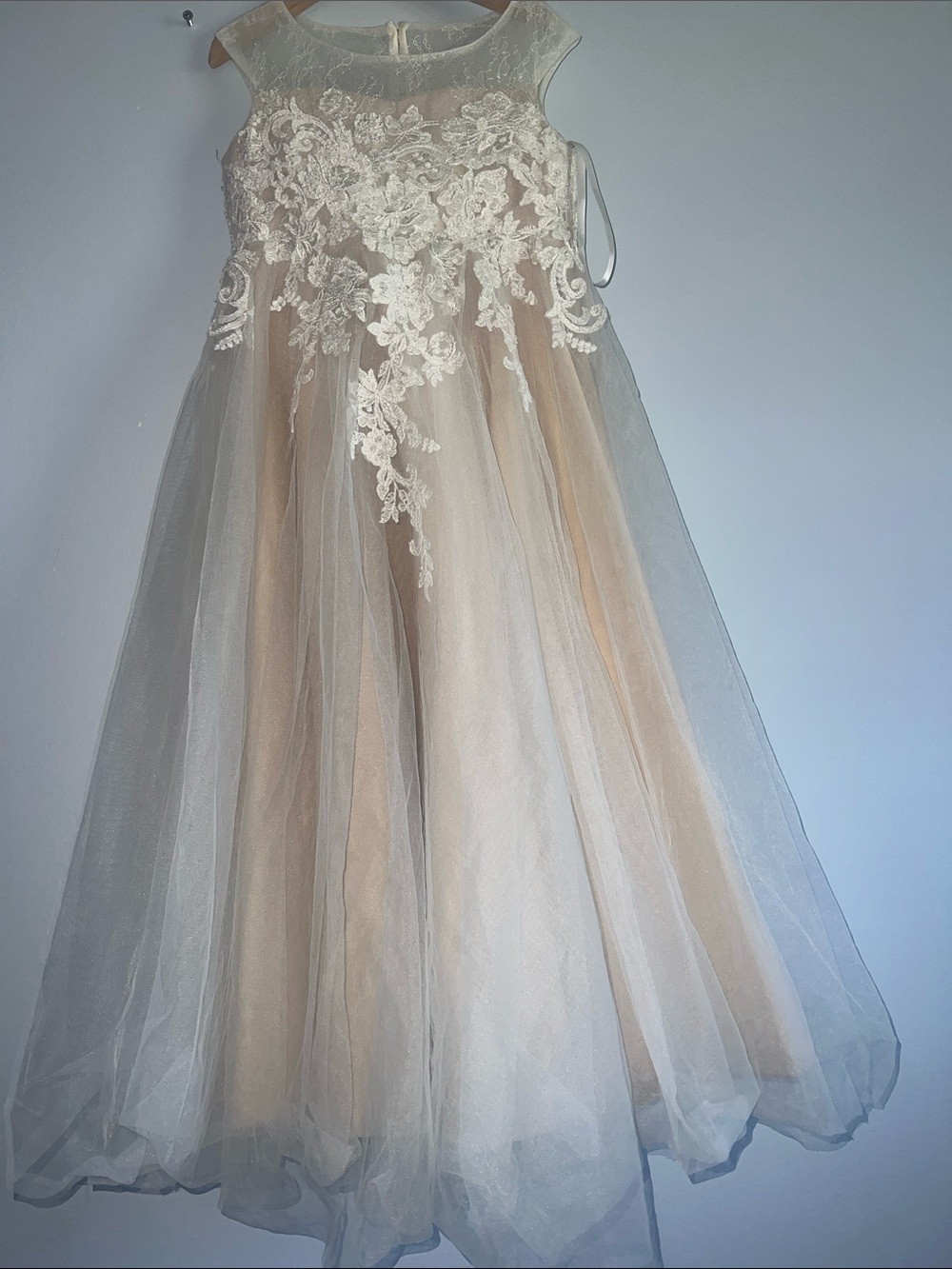 David's Bridal Ivory Champagne Tulle Lace Flower Girl Dress